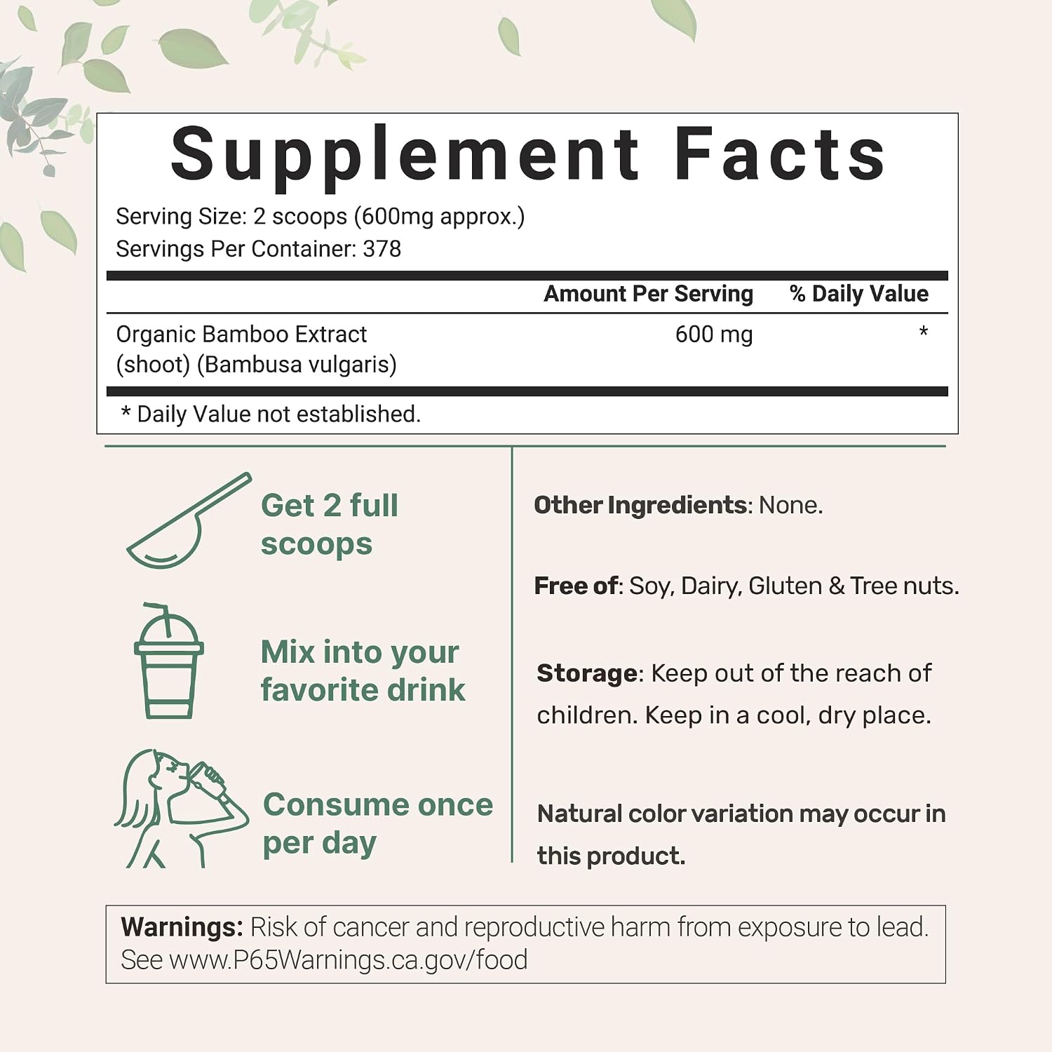 Micro Ingredients Organic Bamboo Extract Powder (227 g, 378 Servings) – Natural Silica Supplement - görsel 3