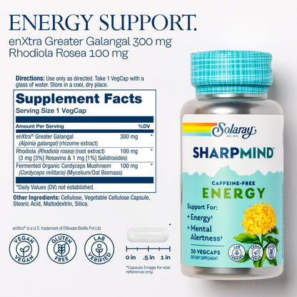 SOLARAY SharpMind Energy - Caffeine-Free Nootropic Focus Support with Rhodiola Rosea and Cordyceps, 30 Vegan Capsules