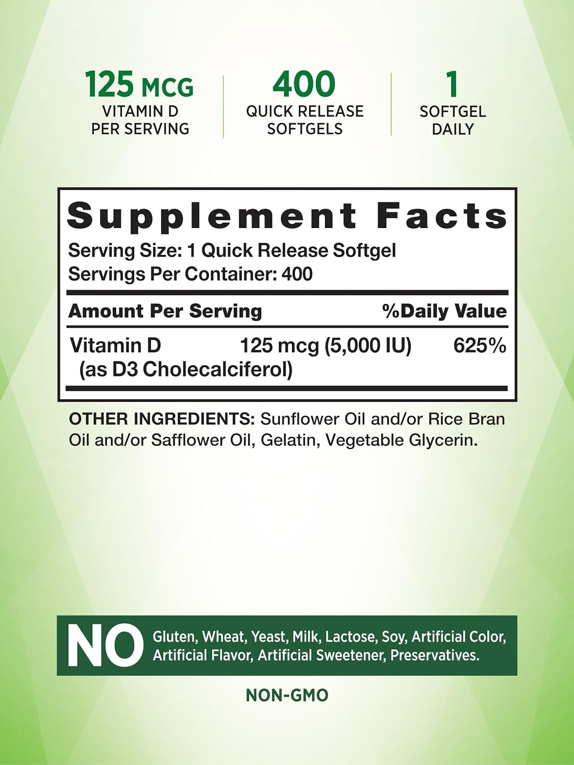 Nature's Truth Vitamin D3 5000 IU Softgels, 400 Count - görsel 2
