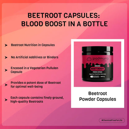 PADMURA Organic Beet Root Powder Capsules, 1800mg, 120 Vegan Capsules - USDA Organic, Non-GMO, Gluten-free