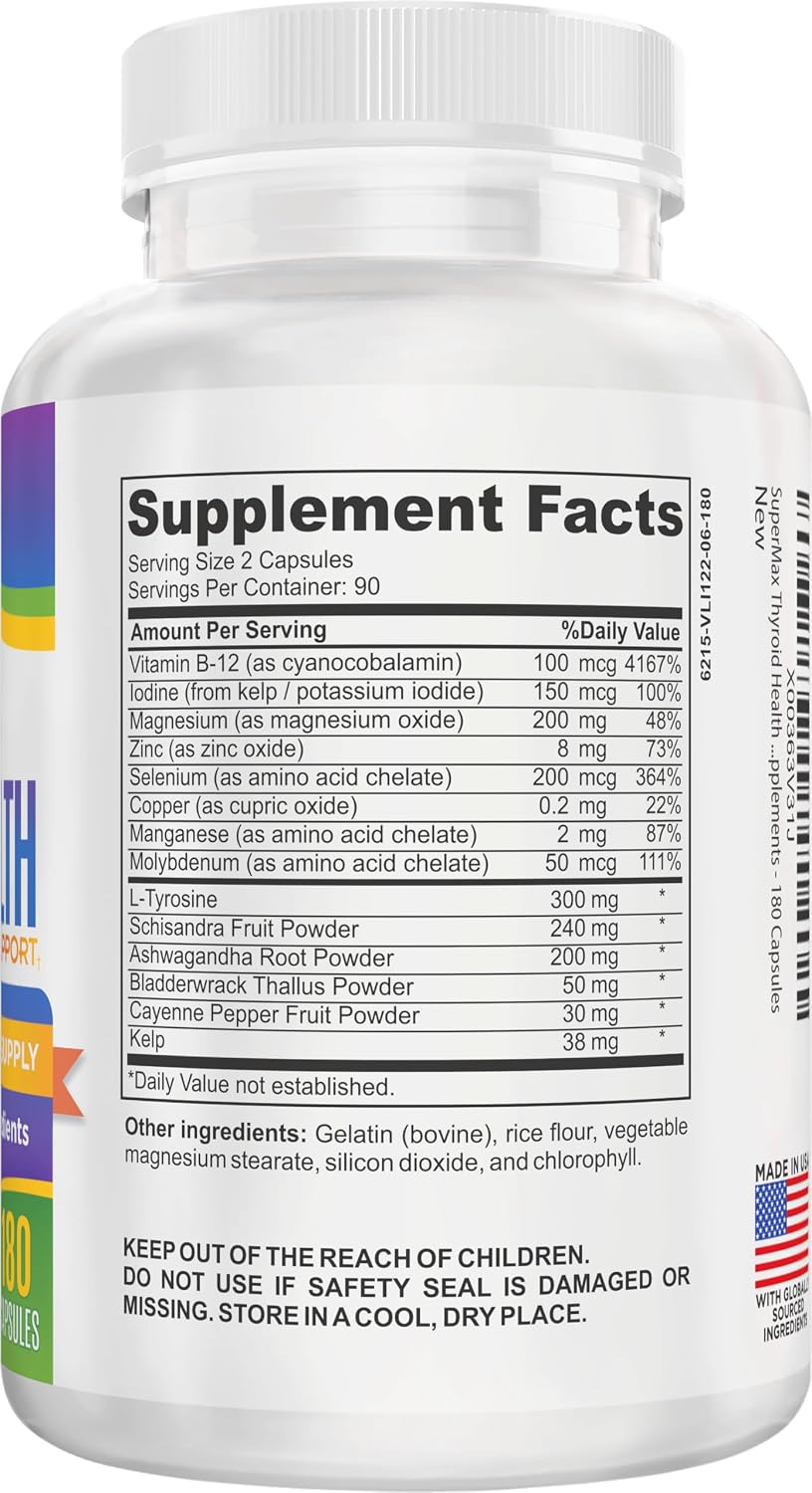 Thyroid Support Supplement – All-in-One with 14 Active Ingredients – 180 Capsules (3-Month Supply) - görsel 2