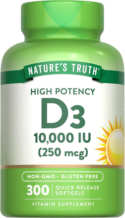 Nature's Truth Vitamin D3 10000 IU Softgels, 300 Count - Extra Strength, Non-GMO & Gluten-free