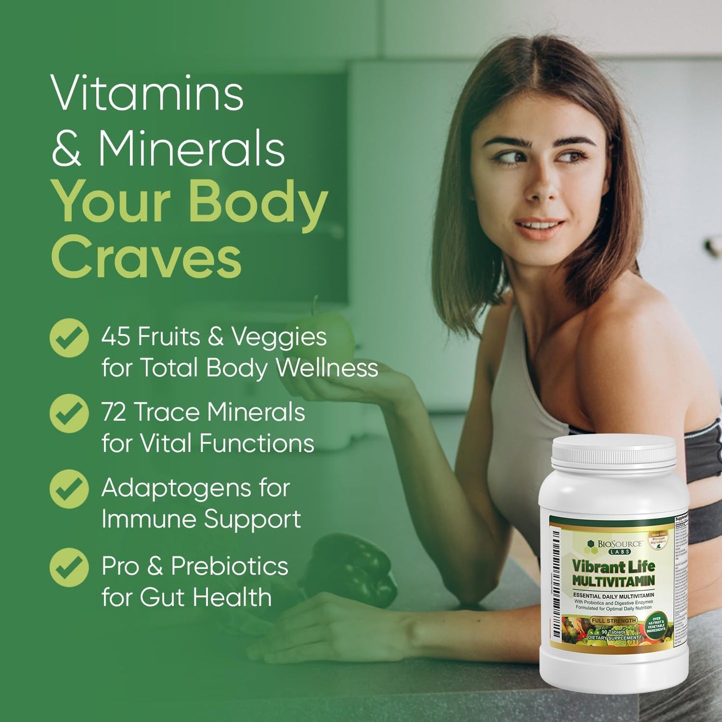 Vibrant Life Multivitamin with Probiotics, Digestive Enzymes & B Complex – Over 45 Fruits and Vegetables, Non-GMO, Gluten-Free, Daily Vitamins & Minerals for Men & Women (30-Day Supply) - görsel 5