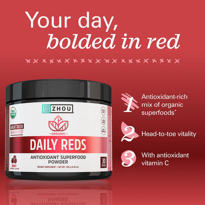 Zhou Organic Reds Powder - Red Superfood with Beetroot, Super Fruits, Goji Berry & Tart Cherry, Antioxidant Support, Natural Berry Flavour, 140 g (30 Servings)