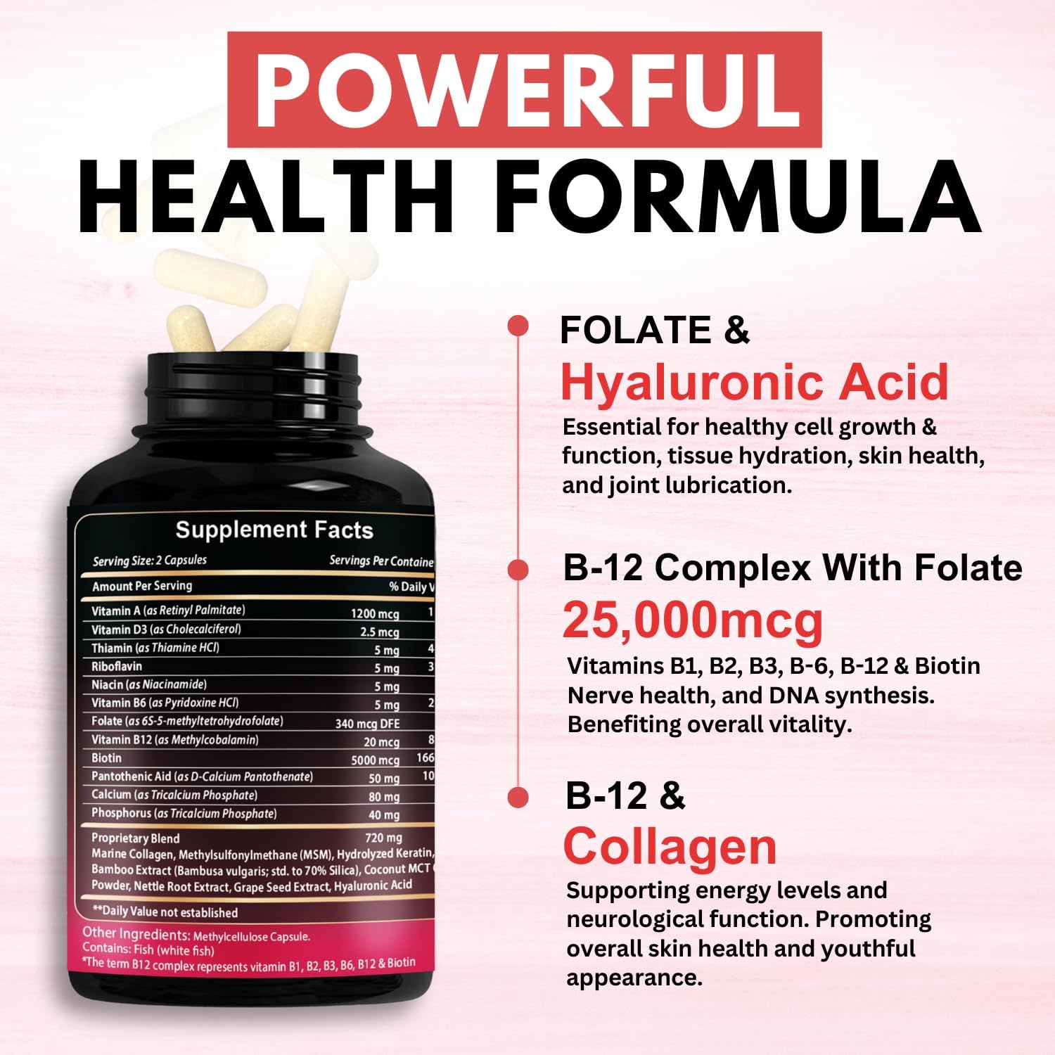 VITBOOST B12 Methylcobalamin Complex with Hyaluronic Acid, Collagen & Folate - 25000 mcg, Pack of 2 - görsel 6