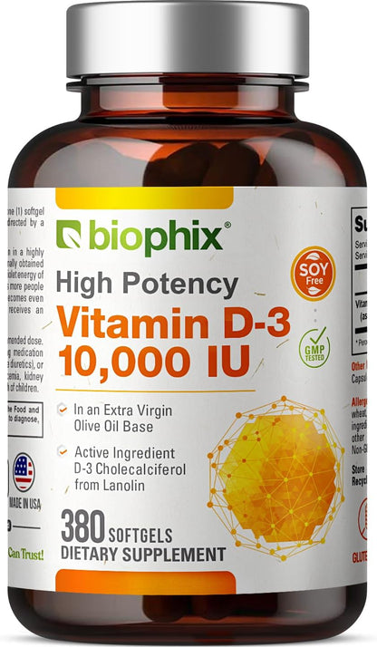 biophix Vitamin D3 10000 IU 380 Softgels - High Strength with Extra Virgin Olive Oil