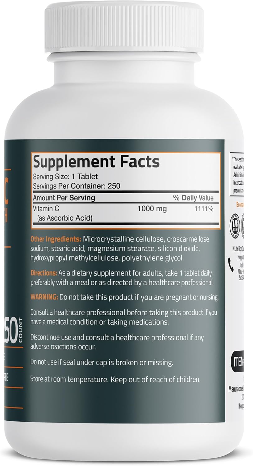 Bronson Vitamin C 1000mg Extra Strength, Supports a Healthy Immune System, High Potency, Non-GMO, 250 Vegetarian Tablets - görsel 2