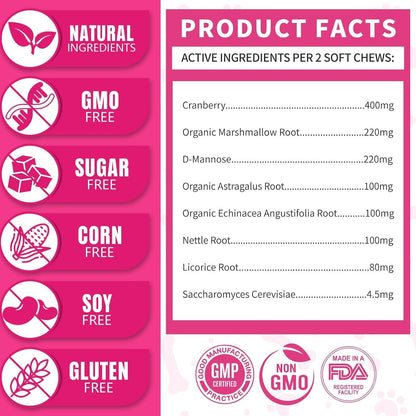 Cranberry Supplement for Dogs, Urinary Tract & Bladder Support - Cranberry Chews with D-Mannose - Kidney+Bladder, Digestion & Immune Support - 200 Chews, Chicken Flavour