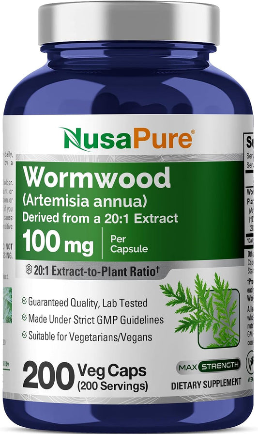 NusaPure Wormwood Capsules, 100 mg, 200 Veg Capsules | Vegan & Non-GMO | GMP