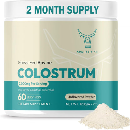 OXNUTRITION Colostrum Powder - Grass-Fed Bovine Colostrum for Gut Health, Immune Support & Muscle Recovery, Unflavoured, 60 Servings