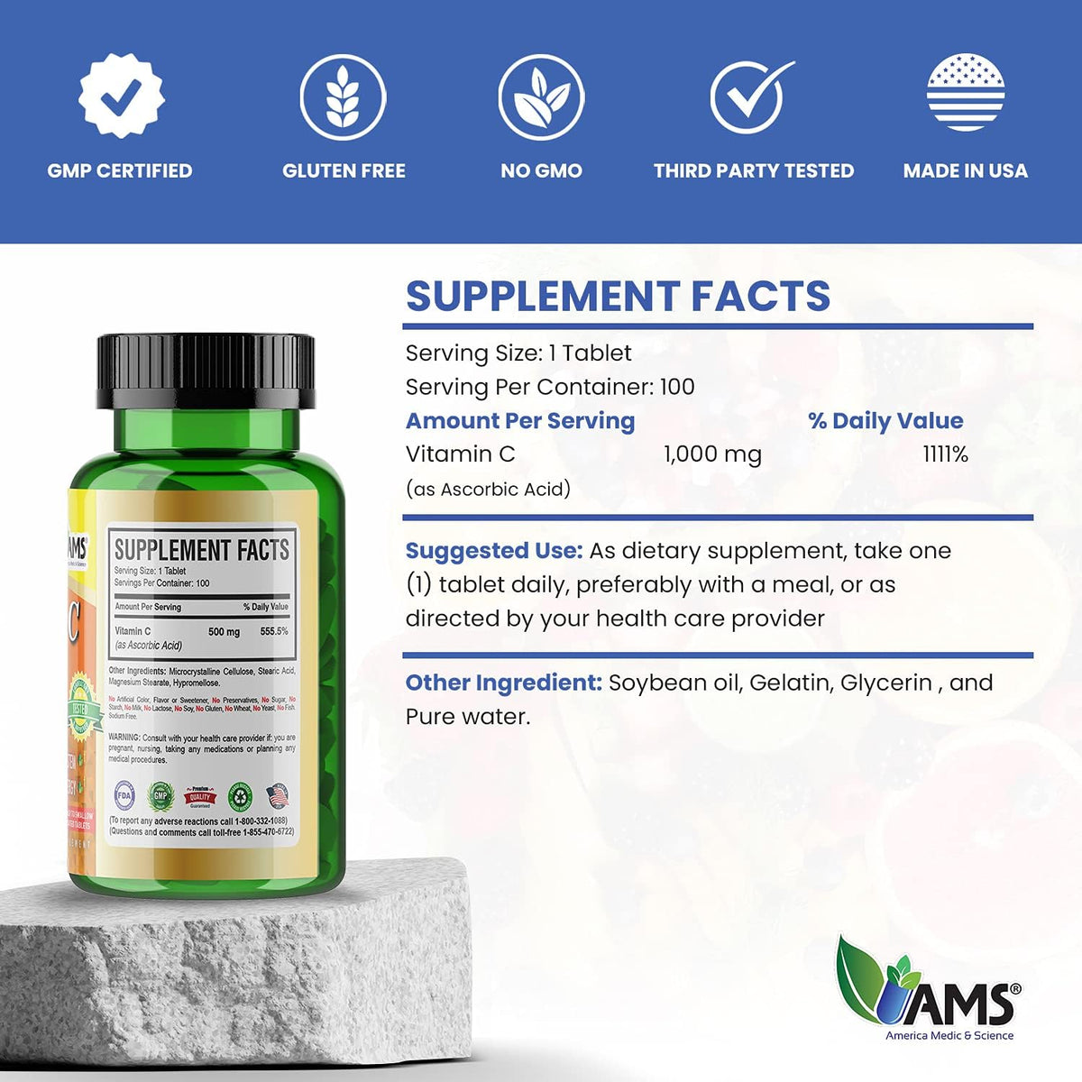 America Medic & Science Rapid-C 500 mg Vitamin C Supplement (100 Tablets) - görsel 5