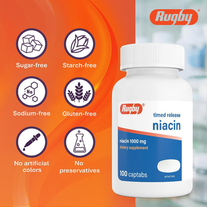 Rugby Timed-Release Niacin 1000mg – 100 Captabs (Pack of 3)