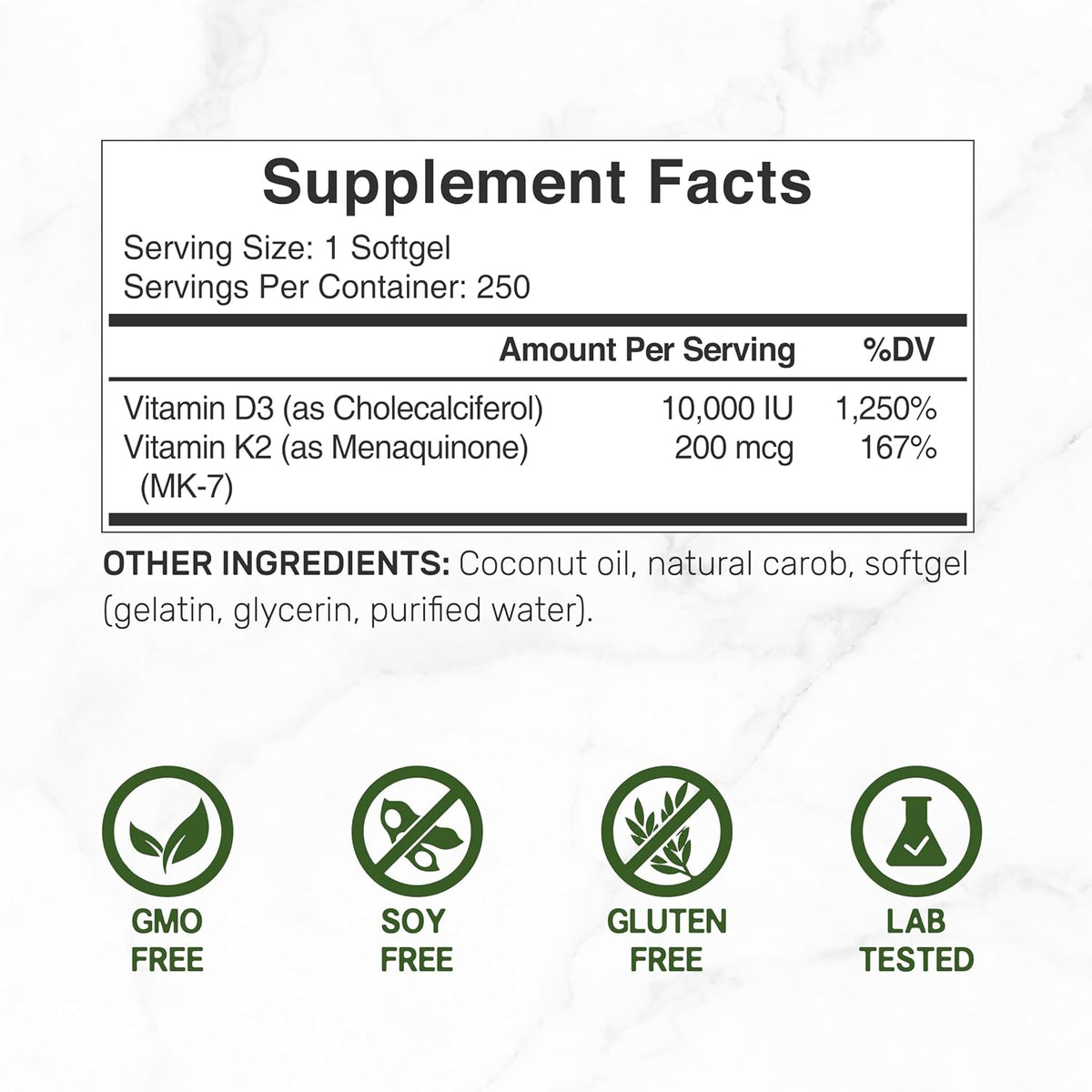 DEAL SUPPLEMENT Vitamin D3 10,000 IU with K2 MK7 200mcg Softgels, 250 Count - görsel 2