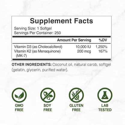 DEAL SUPPLEMENT Vitamin D3 10,000 IU with K2 MK7 200mcg Softgels, 250 Count