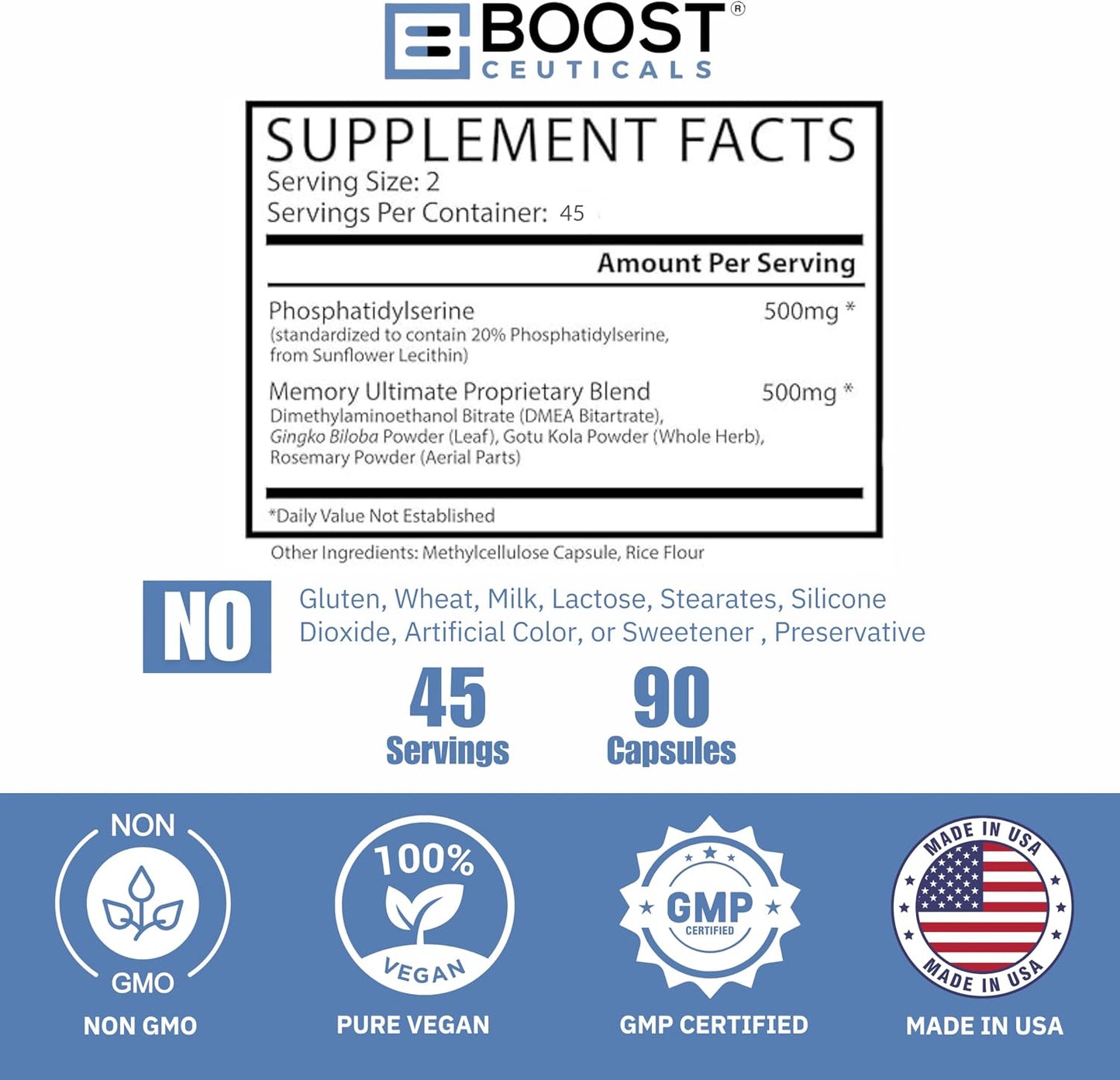 BoostCeuticals Phosphatidylserine 100mg with Ginkgo Biloba, DMAE, Gotu Kola – Cognitive Support, Memory, Focus, Stress and Cortisol Balance – 90 Capsules - görsel 3