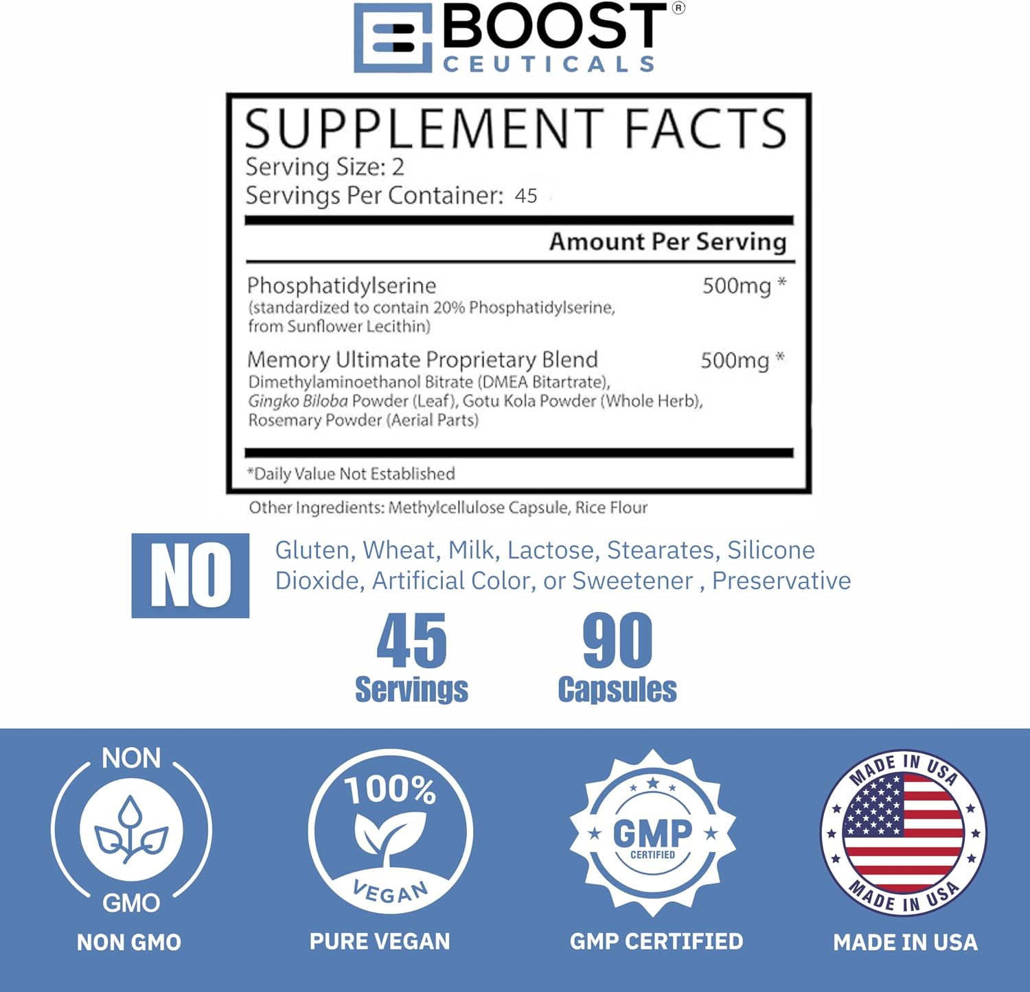 BoostCeuticals Phosphatidylserine 100mg with Ginkgo Biloba, DMAE, Gotu Kola – Cognitive Support, Memory, Focus, Stress and Cortisol Balance – 90 Capsules - görsel 3