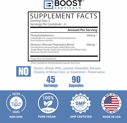 BoostCeuticals Phosphatidylserine 100mg with Ginkgo Biloba, DMAE, Gotu Kola – Cognitive Support, Memory, Focus, Stress and Cortisol Balance – 90 Capsules