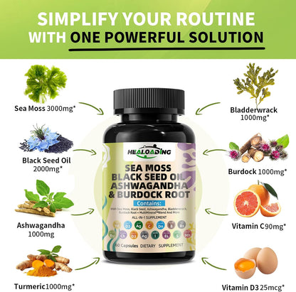 HEALOADING Sea Moss Capsules: Wildcrafted Organic Irish Sea Moss & Bladderwrack