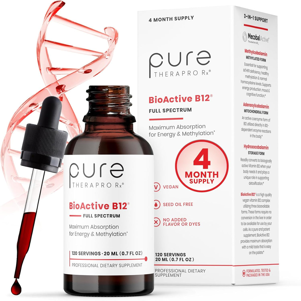Pure Therapro Rx Vitamin B12 Food Supplement - Methylated Sublingual Liquid - 1250 µg per Drop, 3 Forms of B12, 10 ml (2-Month Supply) - görsel 10