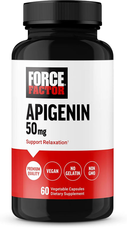 Force Factor Apigenin Food Supplement for Relaxation and Stress Support, Powerful Bioflavonoid and Antioxidant, Apigenin 50mg, Premium Quality, Vegan, Non-GMO, 60 Capsules (Packaging May Vary)
