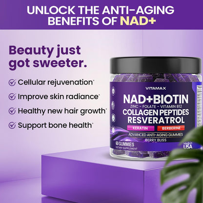 Vitamax NAD+ Resveratrol Berberine & Biotin Anti-Ageing Gummy - Hair, Skin, Nails & Joint Support - 60 Count