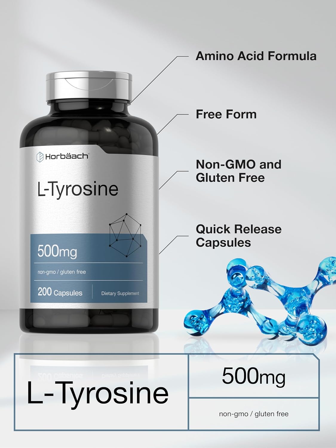 Horbaach L-Tyrosine 500mg – 200 Capsules – Amino Acid Supplement - görsel 4