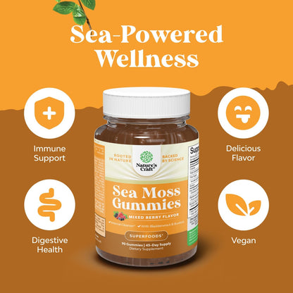 Natures Craft Irish Sea Moss Gummies for Women Men & Kids - Immune Support Supplement with Irish Sea Moss, Bladderwrack & Burdock Root - Detox Gummies for Body Cleanse - 90 Count