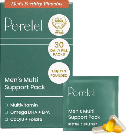 Perelel Men's Multi Support Pack - Daily Multivitamin with Magnesium, Omega-3, CoQ10 and Folate, 30 Daily Pill Packs