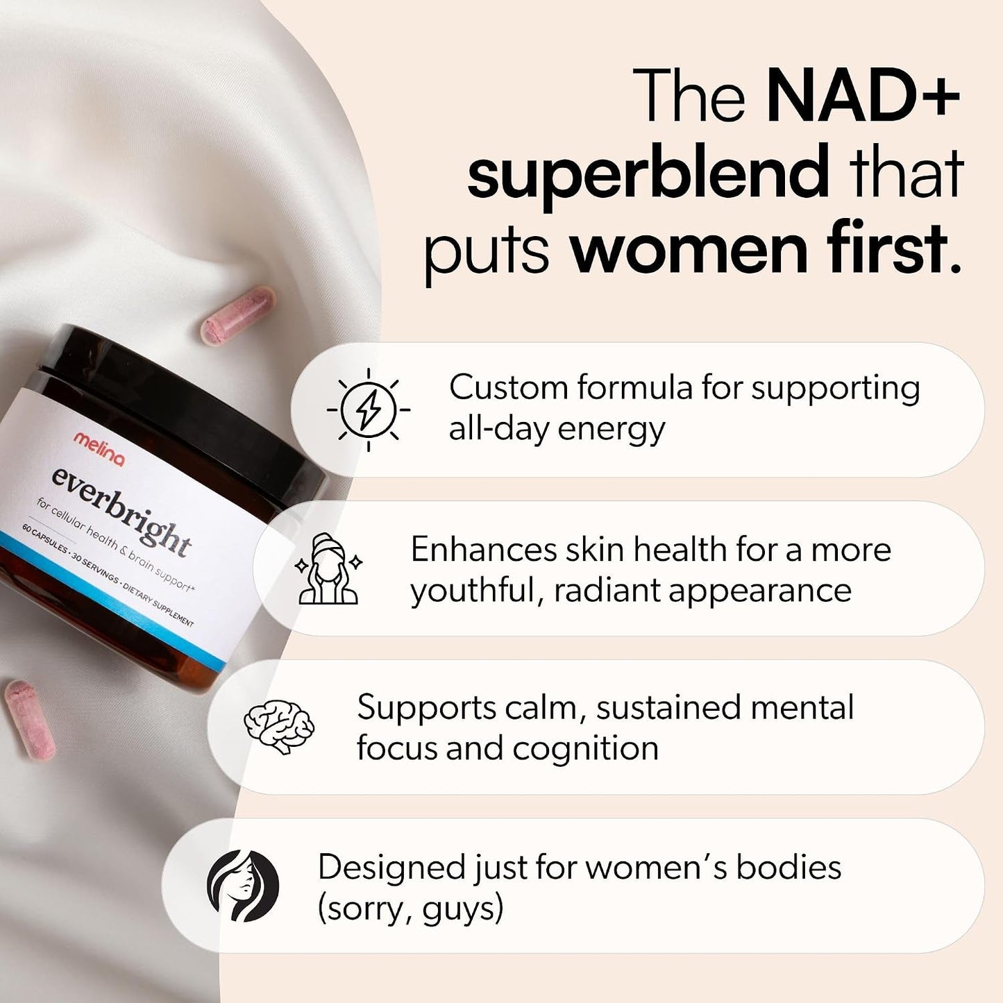 Melina Everbright NAD+ Supplement for Women Over 40 – Nicotinamide Riboside NR, Citicoline, Pterostilbene & Astaxanthin – Supports Cellular Energy, Focus & Healthy Ageing – Independently Tested, 30 Servings - görsel 2
