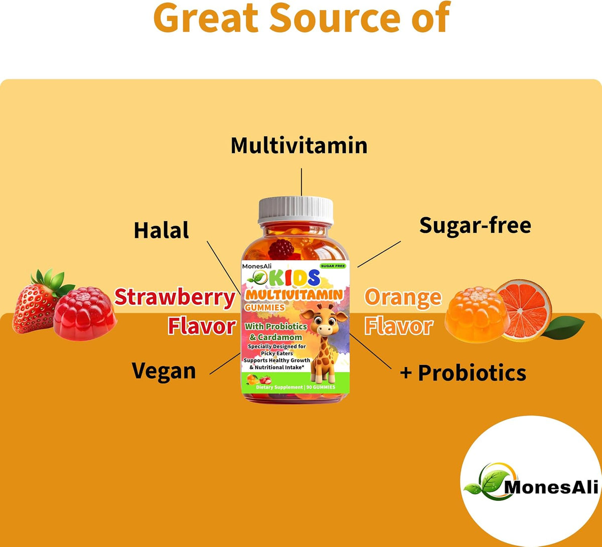 Kids Multivitamin Gummies with Magnesium & Probiotics - Vegan, Gelatin-Free, Halal, Orange & Strawberry Flavours, 90 Count - görsel 4