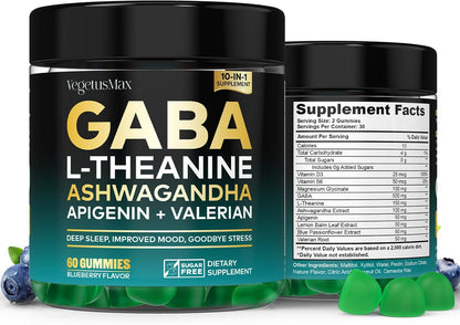 GABA Gummies 500mg for Stress Support, Relaxation, Melatonin-Free Calm Gummies with L-Theanine, Ashwagandha, Magnesium & Valerian Root – 60 Count