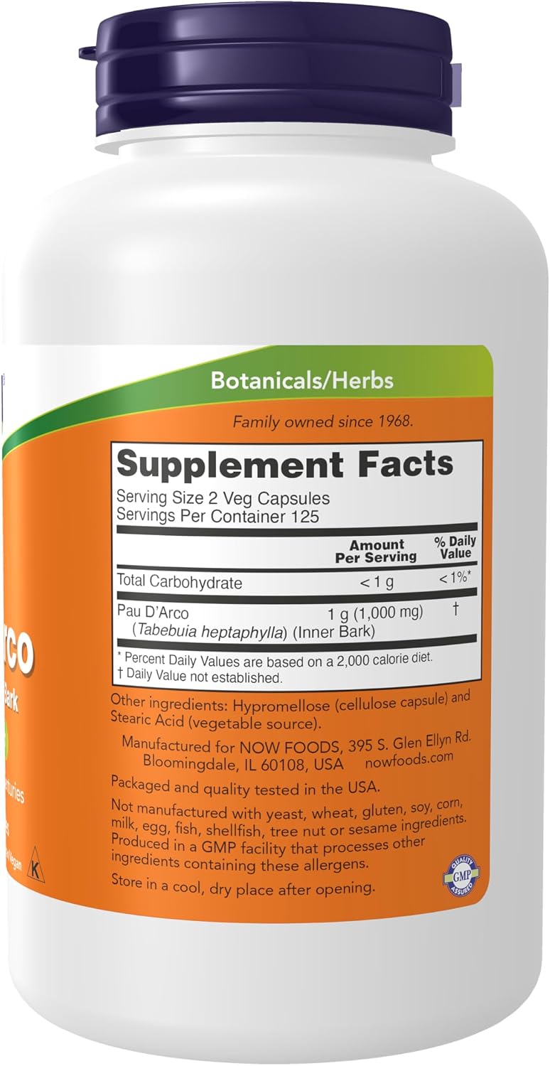 NOW Pau D'Arco 500 mg - Herbal Support, 250 Vegan Capsules - görsel 2