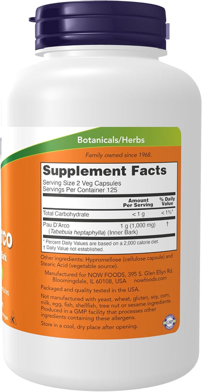 NOW Pau D'Arco 500 mg - Herbal Support, 250 Vegan Capsules