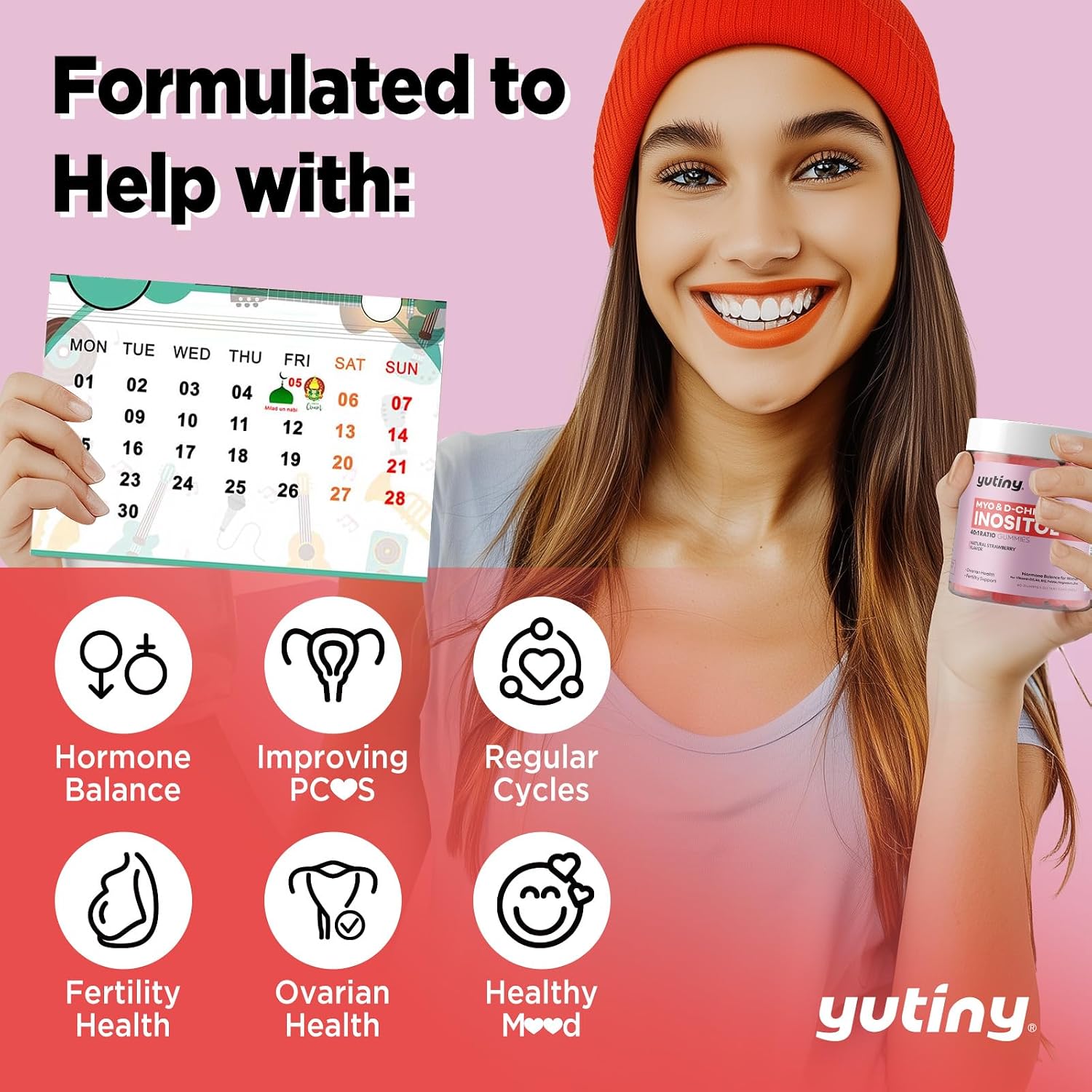 Yutiny Myo-Inositol & D-Chiro Inositol Gummies, Vitamin B6 B12 & Folate for Women, Vegan, Sugar Free, Strawberry Flavour, 60 Count - görsel 3
