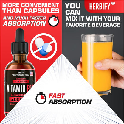 HERBIFY Vitamin B12 Methylated Multivitamin Energy Drops – 5000 mcg Methylcobalamin, 60 ml