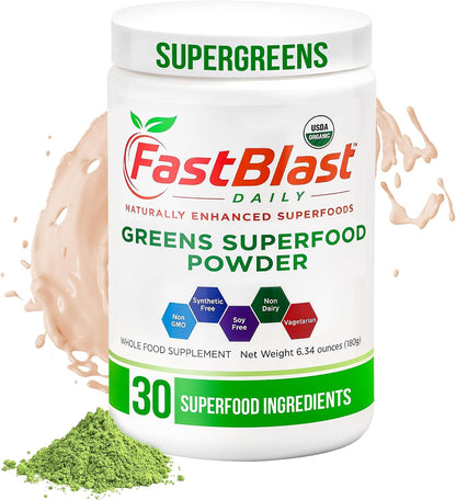 FastBlast Organic Super Greens Powder – Over 30 Superfoods with Probiotics, 180g