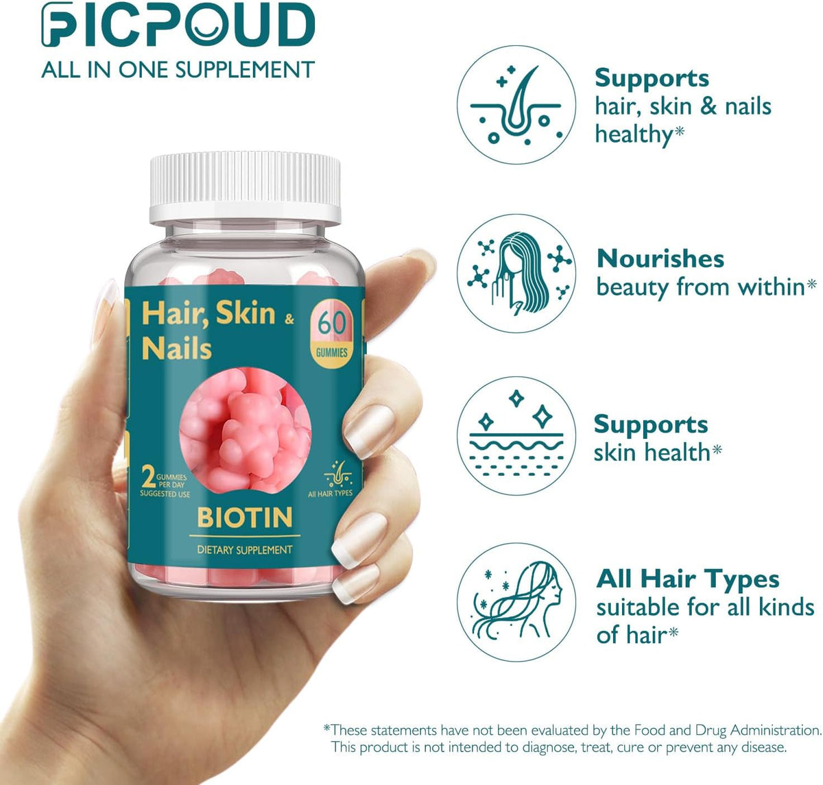 Ficpoud Hair, Skin and Nails Gummies - Vegan Biotin Vitamins for Women and Men, Supports Normal Hair Growth, Stronger Nails & Healthy Skin, 30-Day Supply - görsel 4