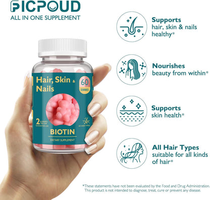 Ficpoud Hair, Skin and Nails Gummies - Vegan Biotin Vitamins for Women and Men, Supports Normal Hair Growth, Stronger Nails & Healthy Skin, 30-Day Supply