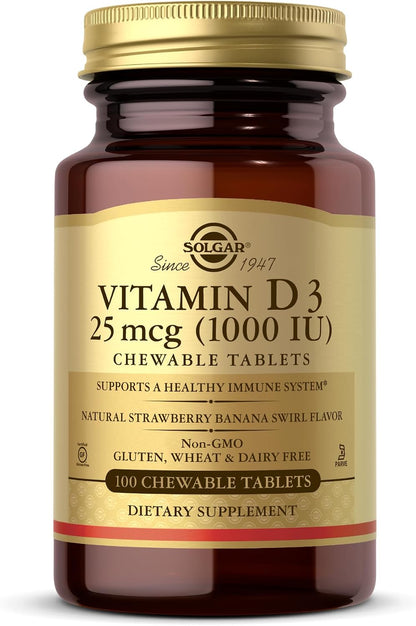 Solgar Vitamin D3 (Cholecalciferol) 25 mcg (1000 IU) Chewable Tablets, Natural Strawberry & Banana - 100 Tablets