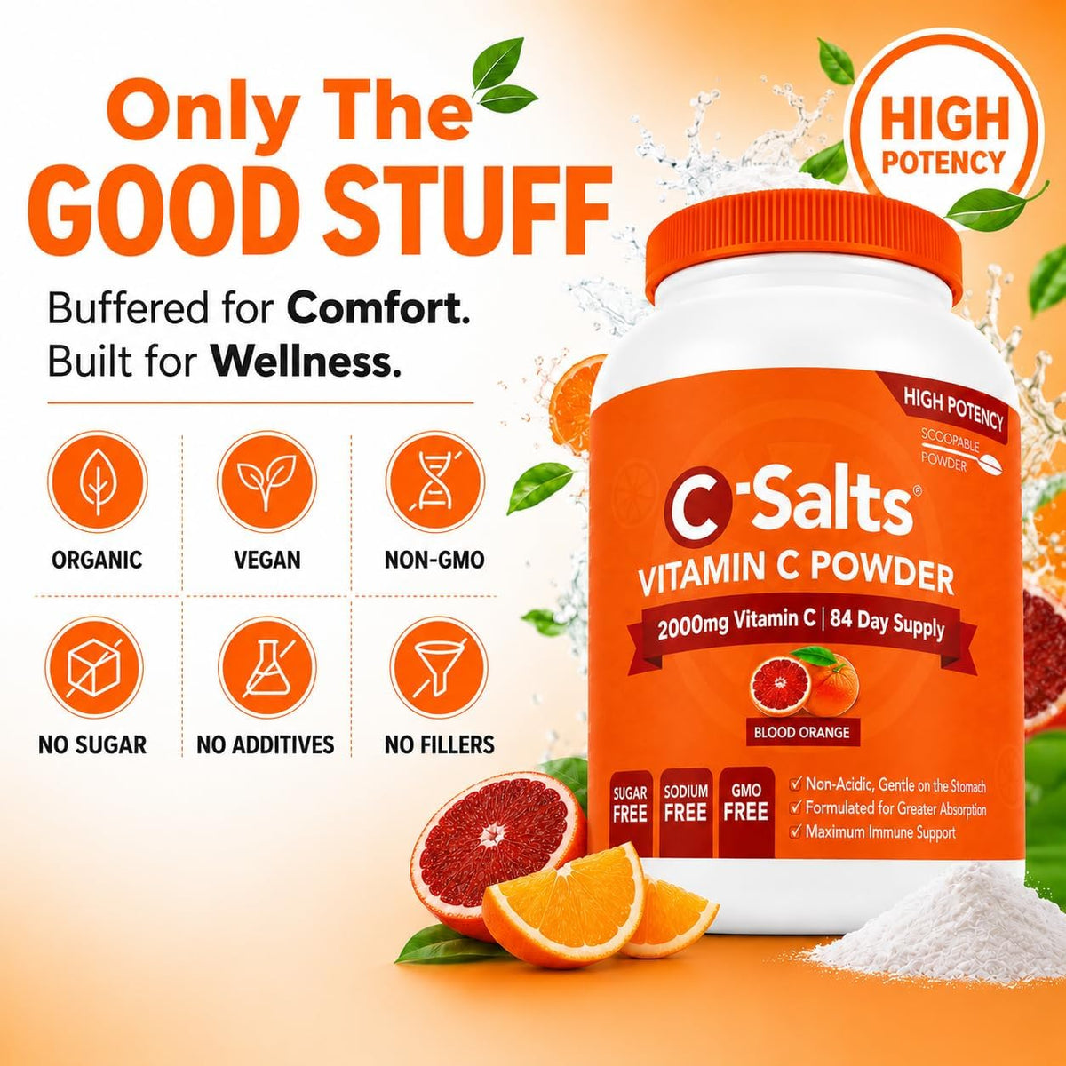 C-Salts Buffered Vitamin C Powder - Pure Organic, Stomach-Friendly Ascorbic Acid Vit C Drink for Daily Immune Support & Collagen Production - Vegan Non GMO Sugar Free - 272 Servings Blood Orange, 26oz (approx. 737g) - görsel 7