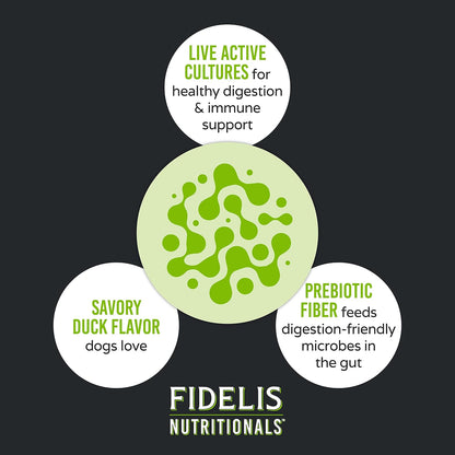 FIDELIS Probiotic Plus+ Pet Probiotics for Dogs, Digestive Gut Health, Yeast, Itchy Skin/Ears, Paw Licking, Safe Dog Treat Supplement for Pets, Adult, Big & Small, Made in USA, Duck Flavour, 120 Chews