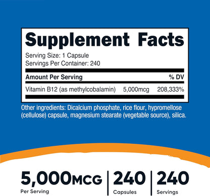 Nutricost Vitamin B12 (Methylcobalamin) 5000µg - 240 Vegetarian Capsules, Non-GM, Gluten-free