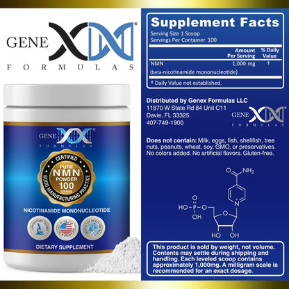 Genex Formulae Pure NMN Powder – 100g, Instant Dissolve, Non-Synthetic, PVP-Free