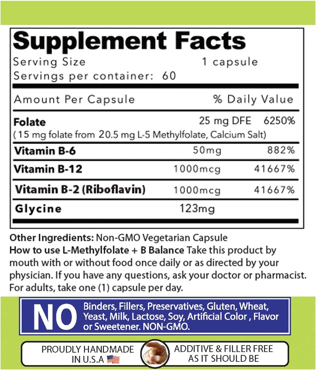 Our Daily Vites L-Methylfolate 15 mg B Complex Balance – Methylated B12, B9, B6, B2 with Glycine, 60 Capsules - görsel 5