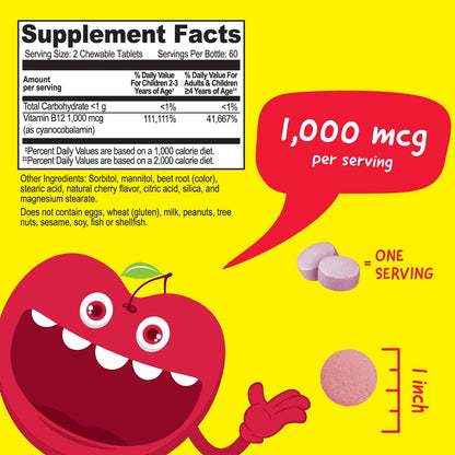 VitaWorks Vitamin B12 for Children 1000 mcg Chewable Tablets - Cherry, Vegan, 120 Count