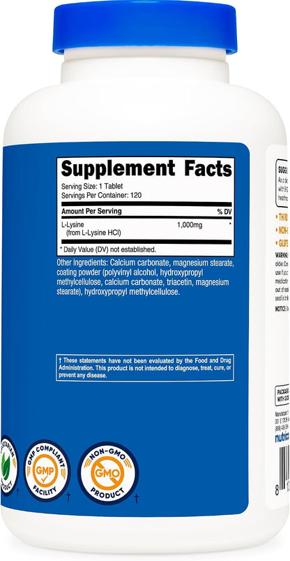 Nutricost L-Lysine 1000mg, 120 Tablets - Gluten-Free, Non-GMO, Suitable for Vegetarians