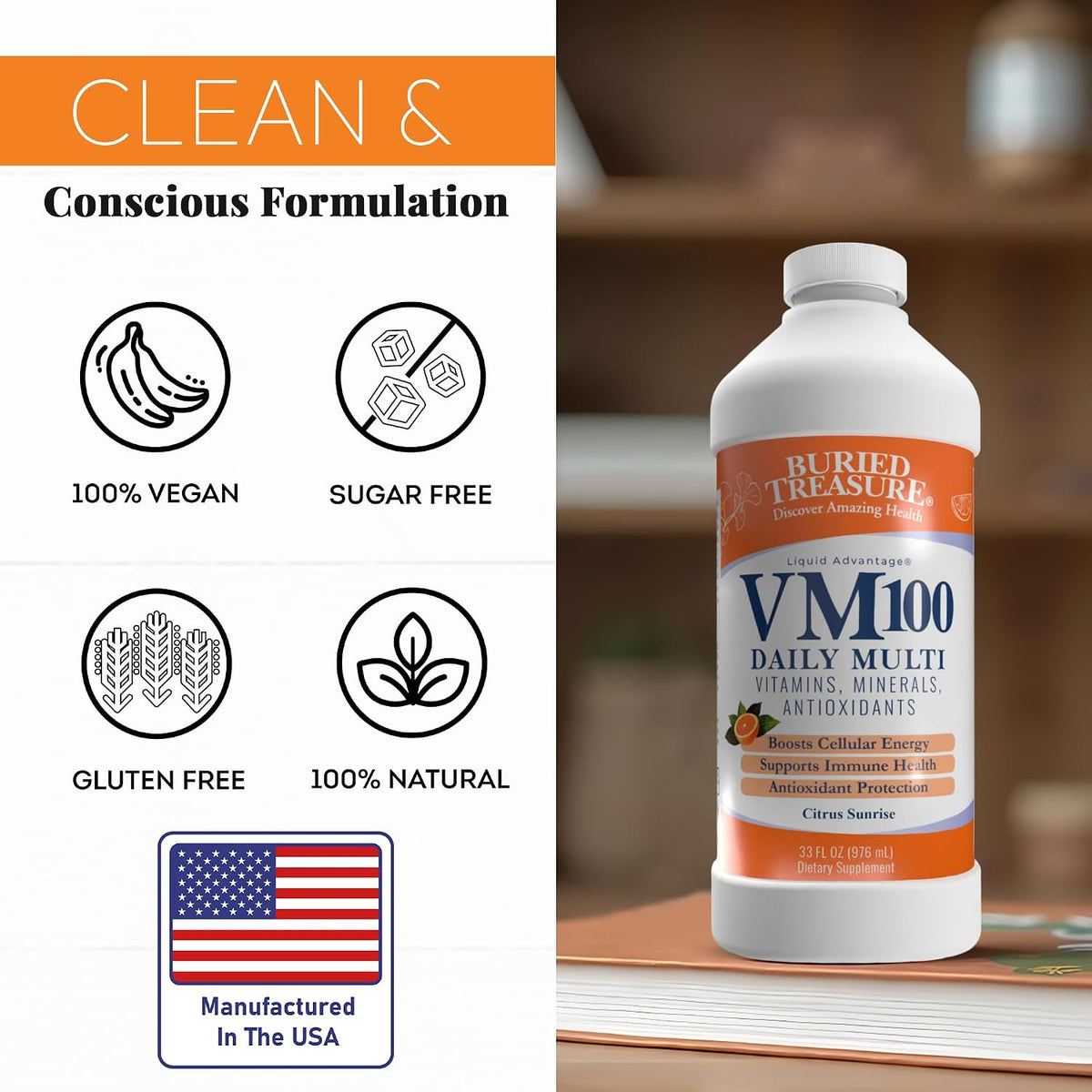 Buried Treasure VM100 Daily Liquid Vitamins and Minerals with Antioxidants, Vegan, Sugar-Free, Orange Zest Flavour, 32 Servings, 32 fl oz - görsel 7