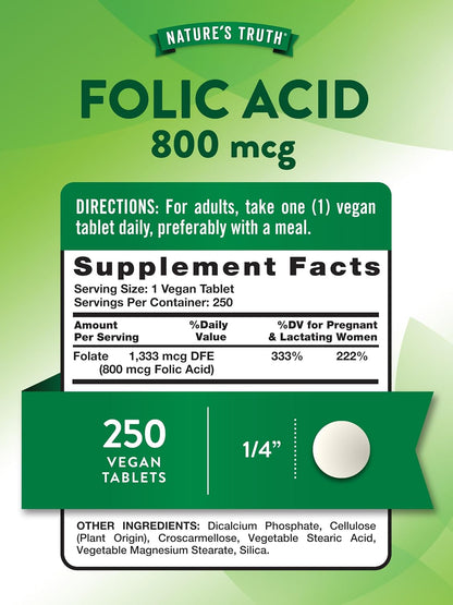 Nature's Truth Folic Acid 800 mcg, 250 Tablets - Vegan, Non-GMO & Gluten-Free Food Supplement
