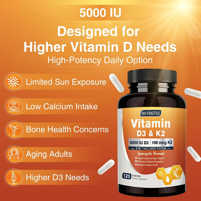 DRFOSTER Vitamin D3 & K2 Food Supplement - 5000 IU D3 + 100 mcg K2 (MK-7) with Vitamin E, Folic Acid & Methyl B12 - 120 Capsules