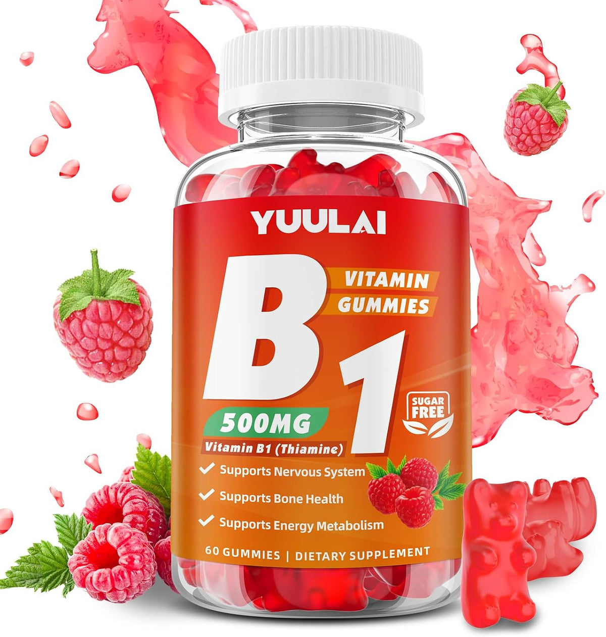 Pack of 2 Vitamin B1 Gummies 500mg for Adults and Kids, Thiamine B1 Supplement with Magnesium, Vitamin B1 Supplement for Nervous System Support and Energy Boost, Raspberry Flavour, 120 Gummies - görsel 8